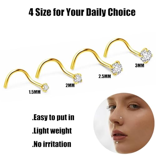 Gingying 8P-GOLD Nose Rings Studs: 8Pcs 20G 316L Surgical Steel Nose Studs Hypoallergenic Corkscrew Nose Piercing Stud Jewelry For Women Men Silver Cubic Zirconia Imitation Diamond 1.5Mm 2Mm 2.5Mm 3Mm thumb #2