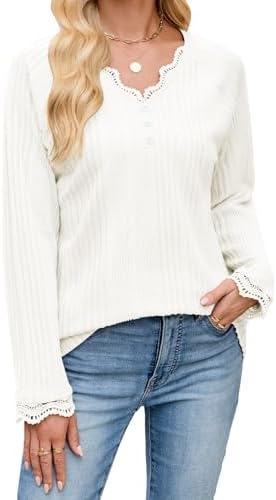 Quatrefox Long Sleeve Shirts for Women Cute Tunic Tops Loose Fit Dressy V Neck P