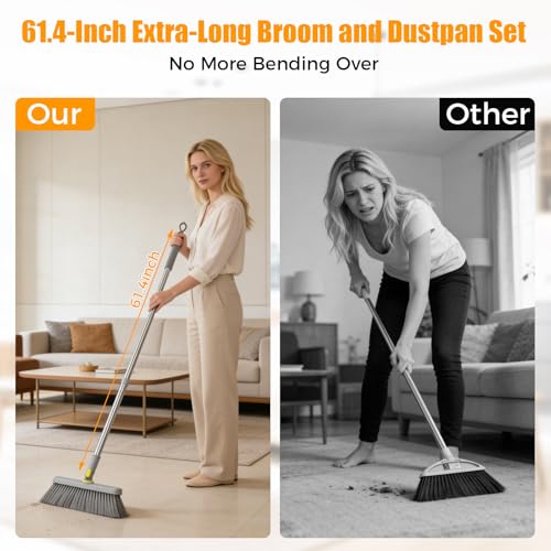 Image of Upgrade Broom and Dustpan Set 180 Rotatable Head with 61 inch Extra Long Adjustable Handle Self-Cleaning Dustpan Teeth&Zero Gap Indoor Outdoor Sweeping for Home Kitchen Office Pet Hair-Gray&Yellow