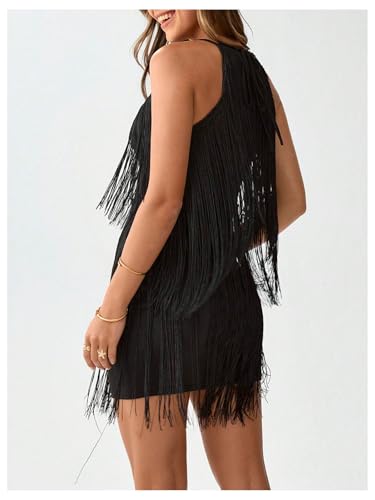 Women's Tassel Halter Mini Dress Boho Fringe Summer Sleeveless Bodycon Dresses Club Party Concert Outfits2