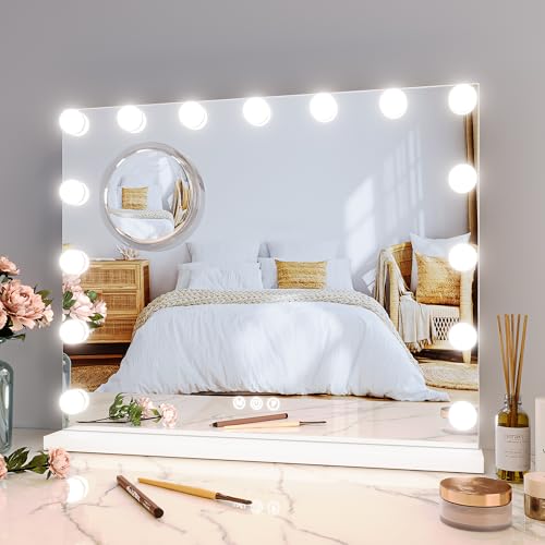 GAOMON Vanity Mirror with Lights, Lighted Mirror with 15 Dimmable LED Bulbs, Makeup Mirror with 3X Magnification, 3 Colors Modes,Touch Control, Metal