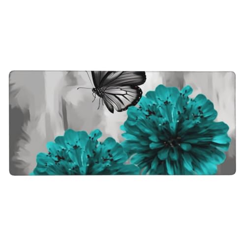 Grand tapis de souris de jeu 90 x 40 cm antidérapant gris sarcelle et floral