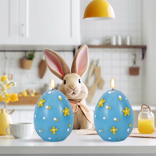 Image of Easter Flameless Candles Battery Operated with 6 Hour Timer Battery Operated Real Wax Color Painted Easter Egg Shaped LED Flickering Candles Dinner Spring Holiday Decor(Blue, 2.4 inchD x 6.3 inchH)