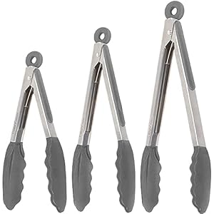 Silicone Kitchen Tongs for Cooking with Silicone Tips, Heat Resistant Tongs for Serving Food, 7-Inch, 9-Inch, 12-Inch Locking Silicone Tongs, Set of 3 Salad Tongs, Grey Kitchen Utensils
