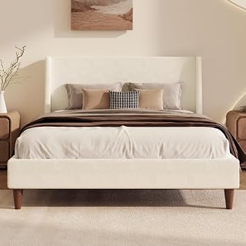 Upholstered Bed Frame Queen Size, 43" Tall Headboard Wingback Upholstered Platform Beds Bedframe for Kids Teens Adults Bedroom Strong Wood Slats Support No Box Spring Needed, White Boucle