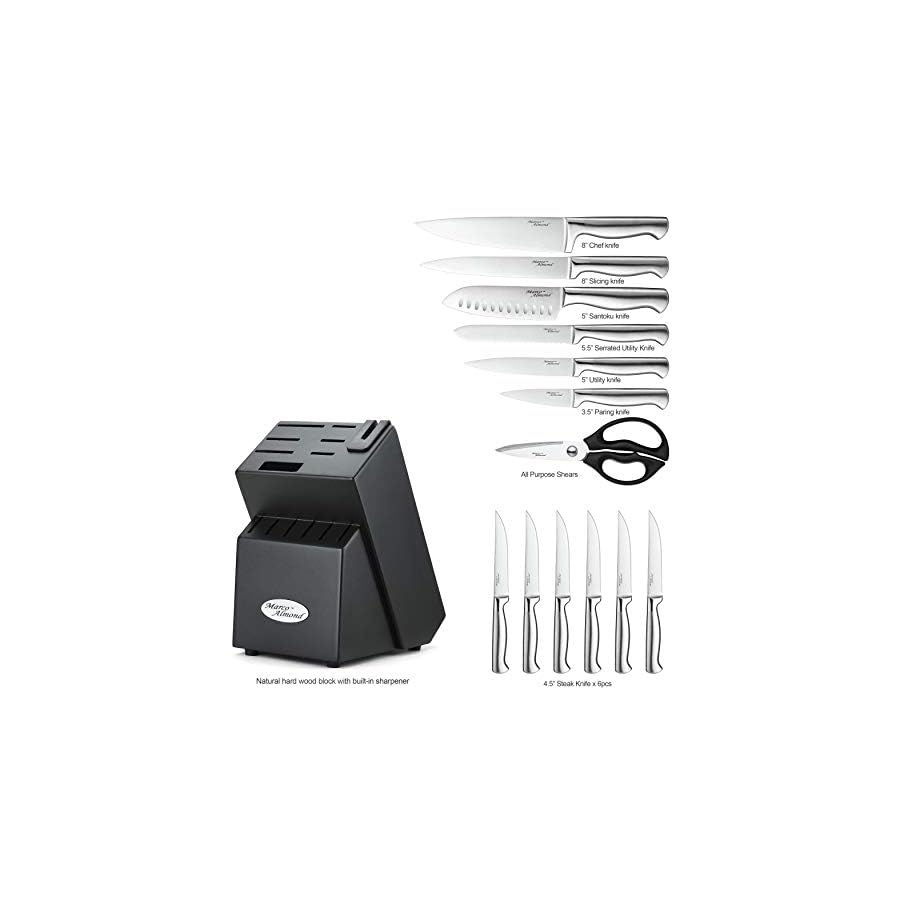 Marco Almond® Knife Set with Block KYA28, 14 Pieces Stainless Steel Chef Cutlery Kitchen Knives Block Set with Built-in Sharpener