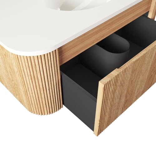 Image of 36 Inch Wall Mounted Bathroom Vanity with Ceramic Sink, Pre-Assembled Floating Vanity Cabinet with Marble Countertop, Wave Texture Finish & Drawer, Wood