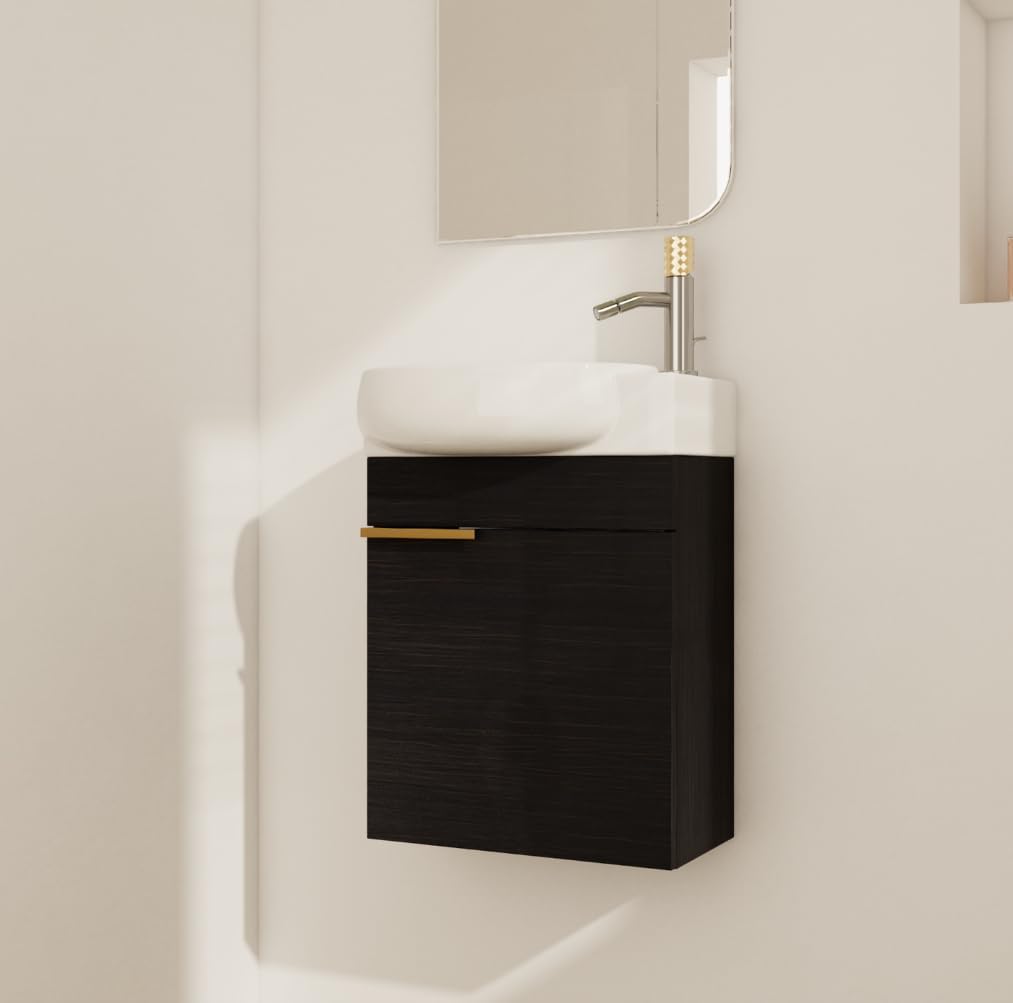 16" Wall Mounted Bathroom Vanity with Sink, Modern Floating Cabinet with Ceramic Basin&Soft Close Door, Bathroom Vanity Storage Cabinet Set for Small Bathroom