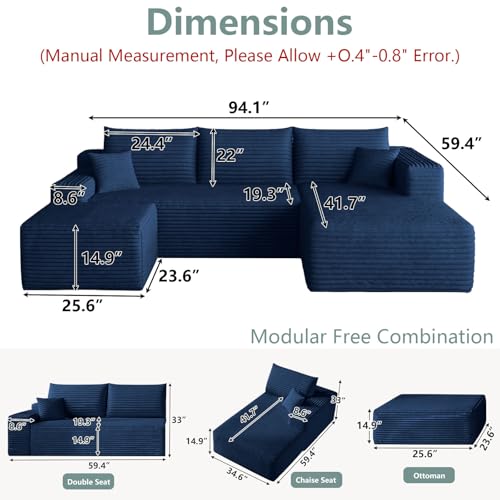 Image of Boneless Cloud Couch Comfy Sectional Couches for Living Room,U Shaped Sofa Couch in a Box with Ottoman Deep Seat Memory Foam Compressed Sofa(Blue, 95 inch Right Facing Chaise)