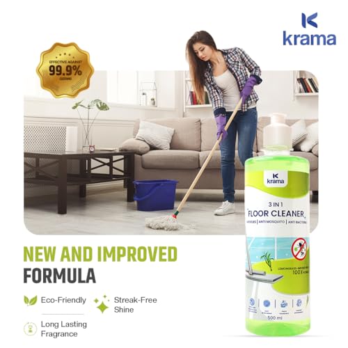 Image of Krama 3 in 1 Anti Flies, Anti Mosquito & Anti Bacteria Disinfectant Floor Cleaner | 100X Power Lemongrass Infused | Eco-Friendly, Biodegradable & Paraben Free Germs Protection Floor Cleaner 500ml