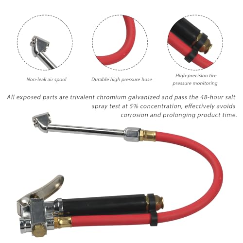 Image of Bayonet-Style Tire Inflator with Pressure Gauge, 20-120 PSI Tire Inflator Gauge with 4 Way Tool & Valve Cores, 1 /4 inch NPT Air Inlet Chuck Tire Inflator Gauge with 13 inch Hose （Black）