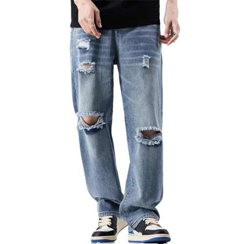 Men Vintage Jeans Street Ripped Hip Hop Hole Trousers Casual Straight Denim Pants