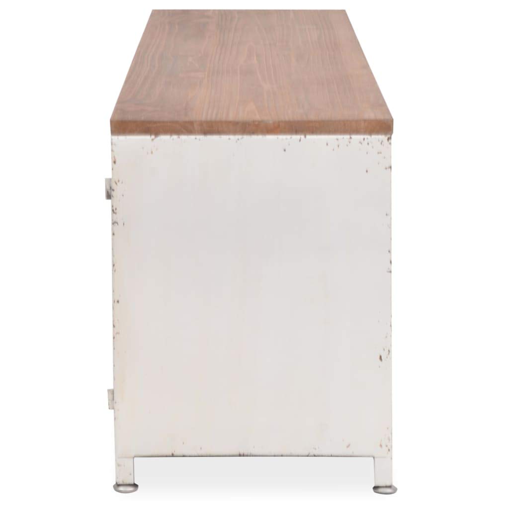Szafka pod telewizor 120 x 30 x 40 cm, biała, styl industrialny, z ocynkowaną stalą i litego drewna jodłowego, niska szafka z miejscem do przechowywania, 2 półki i drzwi do salonu i sypialni