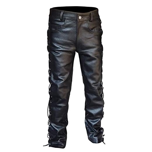 LOSSLO Lederhose Herren Lang Motorrad Steampunk Hose Herren Schwarz Bikerjeans Büffelleder Eitlich GeschnüRt Outdoorhose Für Halloween Kostüm