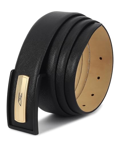 Premium Men's Leather Belt, Black, Metal Buckle with Gold Accent Plate, Classic Dress Style