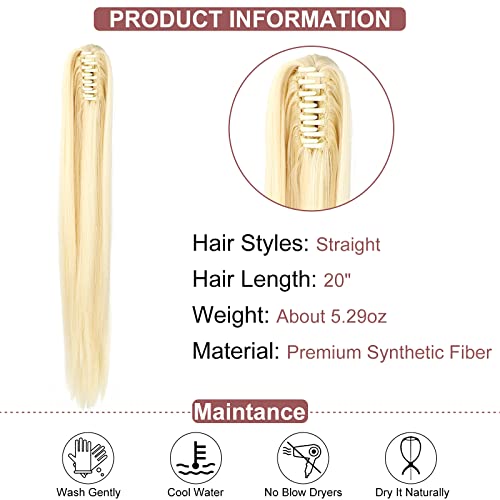 Leterly Ponytail Extension Clip In Claw 20" Straight Pony Tails Clip-On Long Hairpiece Jaw For Women Bleach Blonde #TOP1