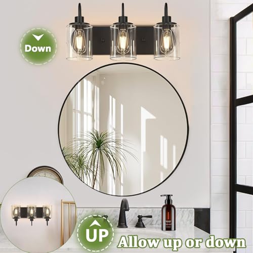 Image of Vanity Light Fixtures With Clear Glass Shades - 3-Light Black Bathroom Light Over Mirror - Modern Wall Lamp for Bathroom, Bedroom, Living Room, Hallway, Porch