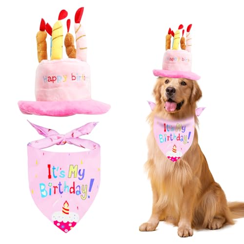 siawadeky ペット用誕生日帽子 ろうそく ケーキ型 バンダナ付き 2点セット 可愛い 誕生日ハット 仮装 コスプレ パーティー帽子 Happy Birthday 記念品 アクセサリー 写真道具 子犬 猫 ペット用品