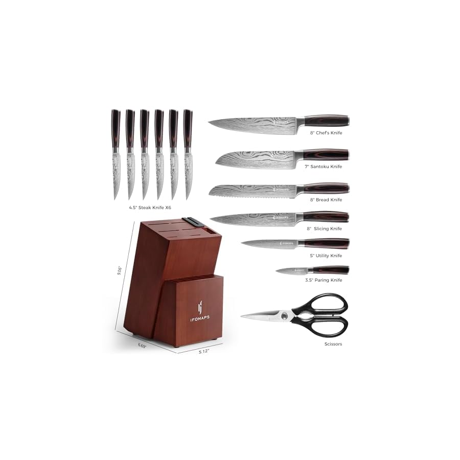 15-Piece Knife Set with Block for Kitchen, with Built-In Sharpener, Stainless Steel Ultra Sharp Blades, Ergonomic Pakkawood Handle, Essentials Chef Knives Set