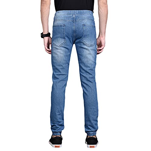 Image of CAHOOT Men' Light Blue Cinched Hem Denim Jeans for Casual Wear Light Wash 5 Pocket Drawstring Closure Cotton Denim Jeans