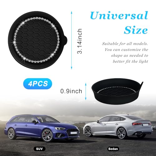 Ziciner 4 PCS Car Cup Coaster Holders, 3.15 Inch Silicone Anti-Slip Auto Insert Coaster, Crystal Rhinestone Car Drink Cup Mat, Universal Durable Auto Interior Accessories (Black, 4Pack)