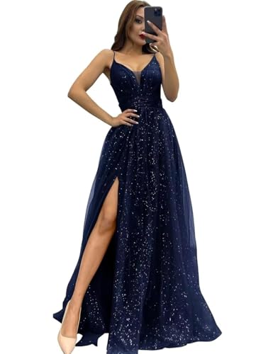 Infuness Damen Tüll Spaghettiträger Abendkleider Lange Glitzer Starry Brautjungfernkleid V-Ausschnitt Partyballkleider mit Schlitz
