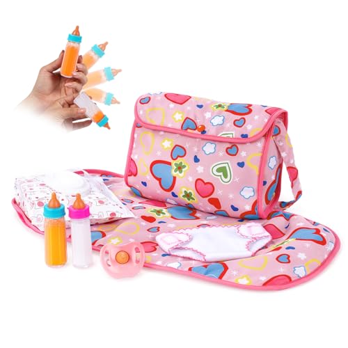 BABESIDE 8 Pcs Baby Diaper Bag Set with Magic Bottles Baby Doll Accessories Includes Changing Mat Diaper Pacifier Tissue Bag and Bottle with Disappearing Milk for 12-16 inches Dolls