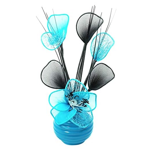 Flourish Turquesa Azul Negro Flores Artificiales con Negro Jarrón, decoración, Accesorios del Hogar y Decoración Adecuado para baño, Dormitorio o Cocina Ventana/estantería, 32 cm