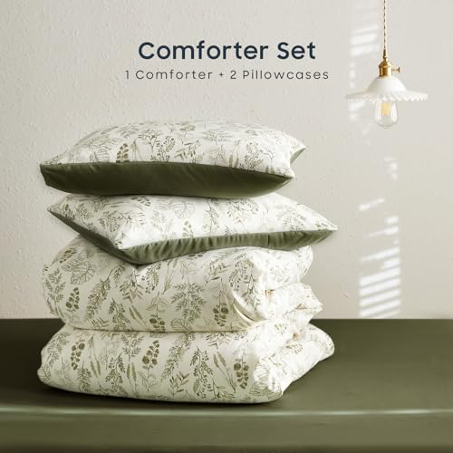 Image of Wake In Cloud - Queen Size Comforter Set, 3-Piece, Floral Shabby Chic Coquette Botanical Flower Ivory Beige Forest Olive Green, Soft Lightweight Bedding for Women Girls