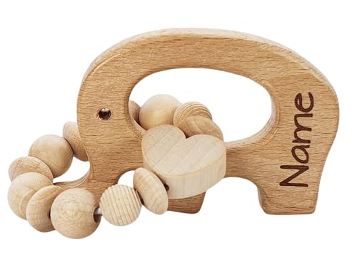 Baby HOLZ Greifring mit Lasergravur - personalisiert mit Namen | Mädchen & Jungen Lernspielzeug als Geschenk zur Geburt, Taufe | Elefant & Herz