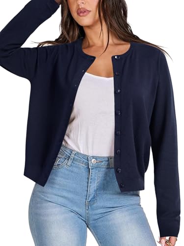 Image of LYANER Women's Striped Cardigan Crew Neck Button Down Open Front Long Sleeve Knit Cardigans Sweater