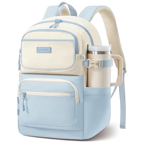 LOVEVOOK School Backpack for Teen Girls & College Students Large Capacity Laptop Backpack with Water Bottle Holder Lightweight Bookbag for School Travel & Everyday Use Beige-Light Blue
