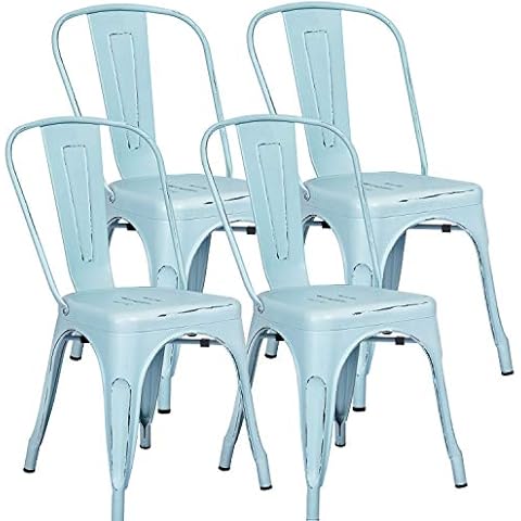Furniwell Metal Dining Chairs Indoor Outdoor Use Stackable Tolix Industrial Metal Chairs Set of 4 for Kitchen, Dining Room, Bistro and Cafe (Distressed Blue) Cover