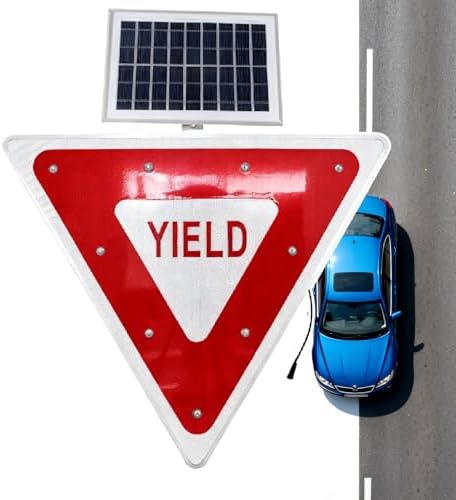 28" Solar Powered LED Flashing Yield Sign with 18.8V Solar Panel & Mounting Accessories - High Visibility Traffic Sign for Crosswalks and Safety Zones
