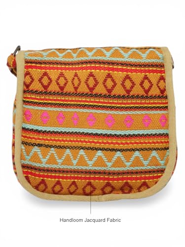 Image of The House of tara Ethnic Handloom Crossbody Sling Bag | Embellished with Tassels and Trims. Flap Closure Snap Button | Multicolour Crossbody Bag for Women | Handmade | Elegant Design