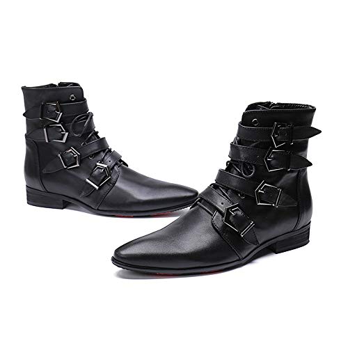 Image of Rui Landed Ankle Boots for Men Pointed Toe Plain Genuine Leather Monk Strap Lace Up Style Block Heel Metal Inner Zippers High Top Shoes