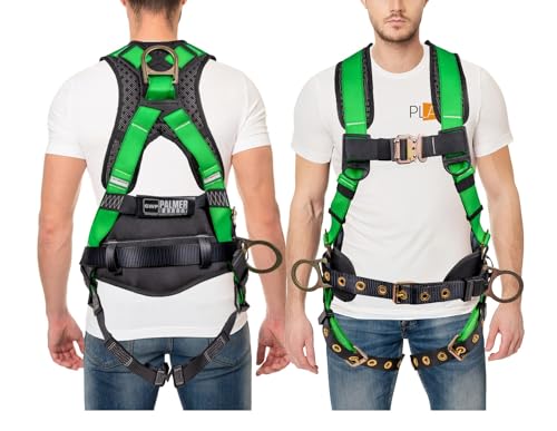 Palmer Safety Fall Protection Full Body 5 point Harness, Padded Back Support, Quick-Connect Buckle, Grommet Legs, Back&Side D-Rings, OSHA ANSI Industrial Roofing Tool Personal Equipment (Green - SM)