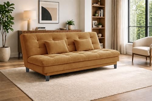 Image of 3-Seater Velvet Sofa Cum Bed, Tufted Convertible Sleeper Couch, Space-Saving Design, Comfortable Cushioned Seating - Golden