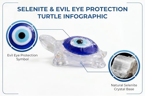 Image of Natural Selenite Tortoise (Kachhua) with Evil Eye Shell | Resin Feng Shui & Vastu Turtle for Protection, Wealth & Positive Energy | Home Office Desk Decor & Gift