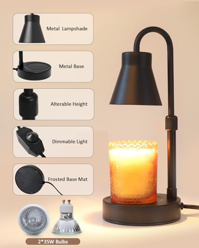 Elenhome 2 Pack Candle Warmer Lamp - Adjustable Height Candle Lamp Warmer, Stepless Dimming Function, Metal Candle Lamp for Jar Candles, No Flame Scented Candle Warmer with 2 Bulbs, Gifts for Mom