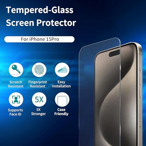 Image of AIBEX Military-Grade Tempered Glass Screen Protector for iPhone 15 Pro with Edge to Edge Full Screen Coverage | Scratch Resistant | Case Friendly | Easy Installation Kit