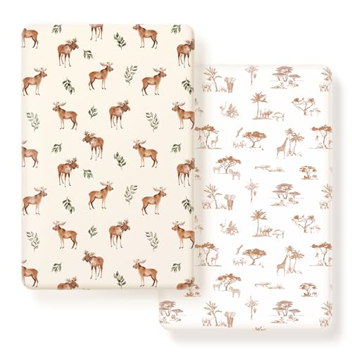 GRSSDER Stretchy Ultra Soft Jersey Knit Pack and Play Sheets 2 Pack, Portable/Mini Crib Sheets Universal Fitted for Playpen Mattress Safe and Snug, Cute Elk Animals Print