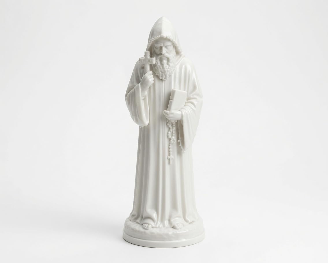 Saint Charbel Statue, White Hooded Figurine with Cross | Religious Decor, Monk Figurine, Holding Rosary, White Finish, Home Altar Decor-image-48