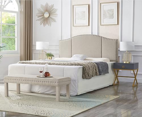 24KF Middle Century Linen Upholstered Tufted King Size Headboard with Antique Brass Nail Heads Trim King/California King headboard-Linen by 24KF - Image 4