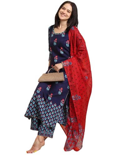 Image of GoSriKi Women's Rayon Blend Straight Printed Kurta with Pant & Dupatta