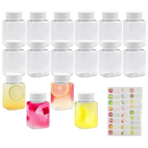 Mini Bouteille de Jus en Plastique 100ML - 16 Pièces Transparentes PET Réutilisables Avec Couvercles - Petite Bouteille Carrée Scellée pour Lait et...