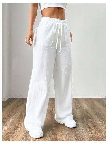 WDIRARA Women's Drawstring Waist Slant Pockets Wide Leg Pants Summer Solid Causal Loose Pants3