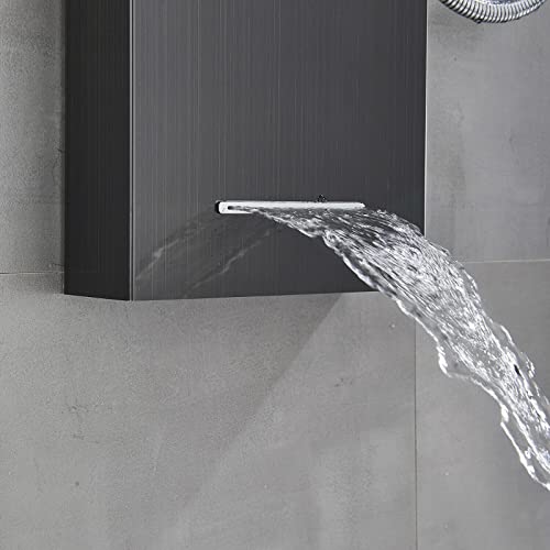 Panel de ducha LED con torre de masaje y jets corporales, sistema de lluvia y cascada en acero inoxidable negro con ducha de mano miniatura 6