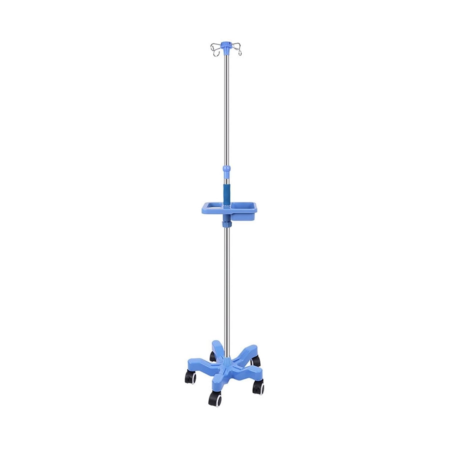Stainless Steel IV Stand with Wheels, Adjustable Height IV Pole for Hospital and Home Use, Rolling Medical Stand with Locking Casters, Multi-Hook & Utility Tray