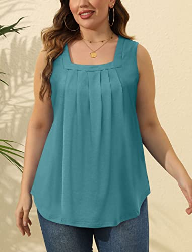 Image of Saloogoe Summer Tank Tops for Women Loose Fit Pleated Square Neck Sleeveless Tops Curved Hem Flowy